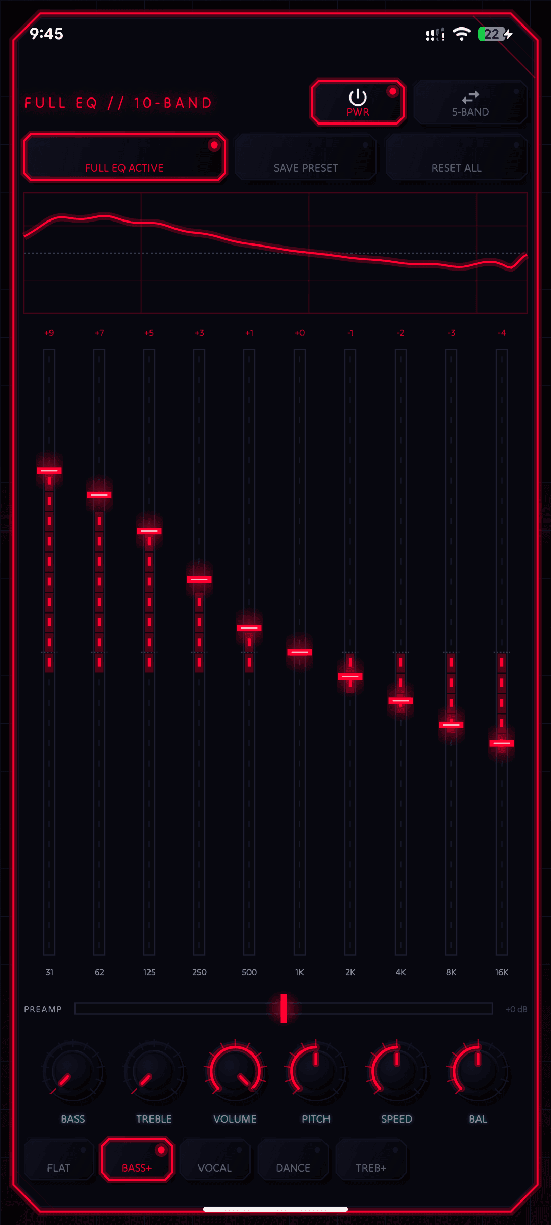 Full 10-band equalizer with preamp