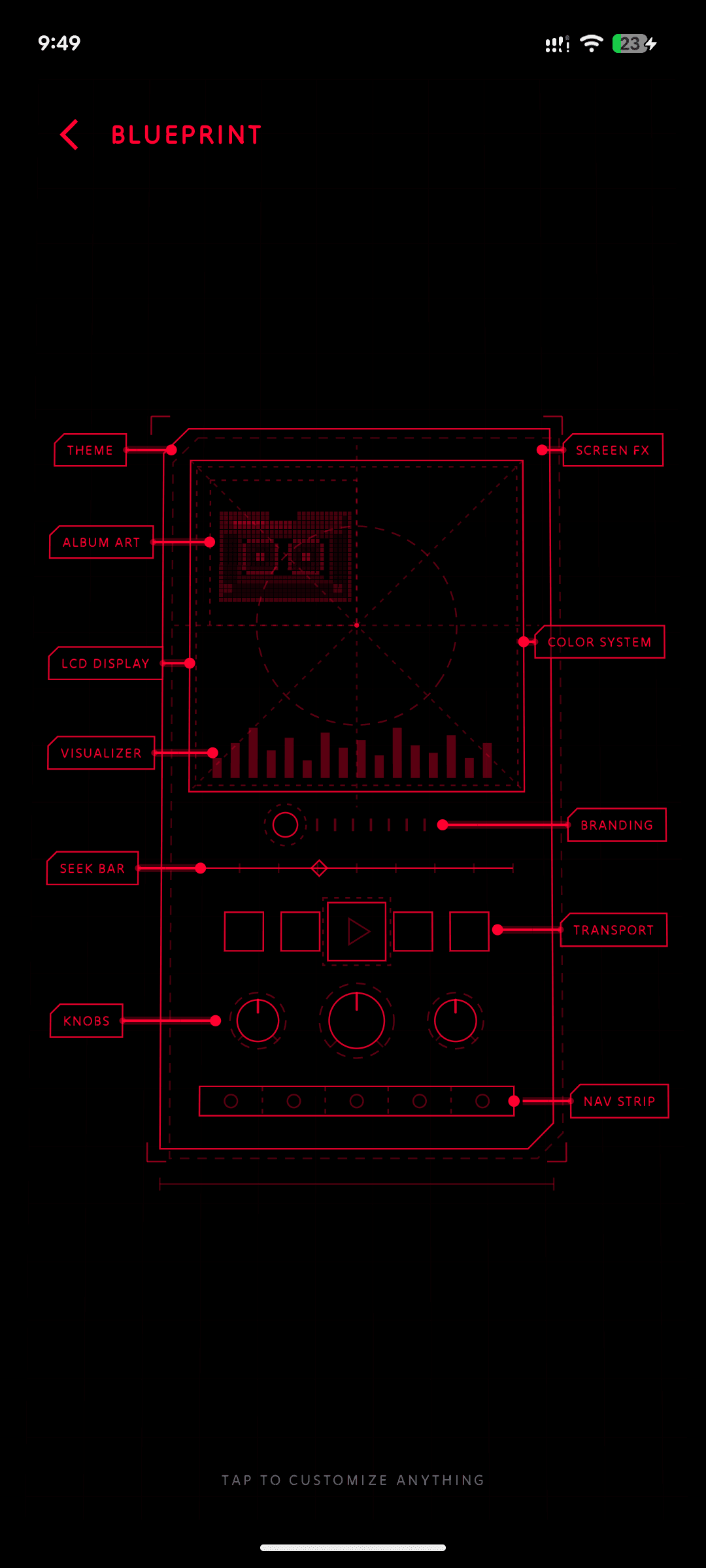 NeoMusic blueprint view labeling every customizable part