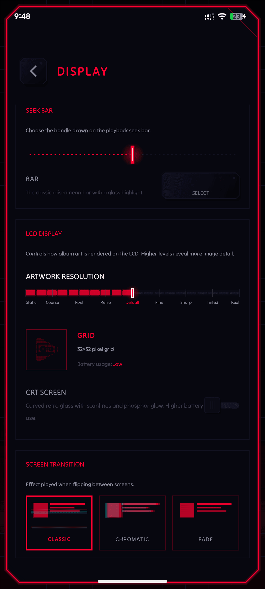 NeoMusic display settings with seek bar and LCD options