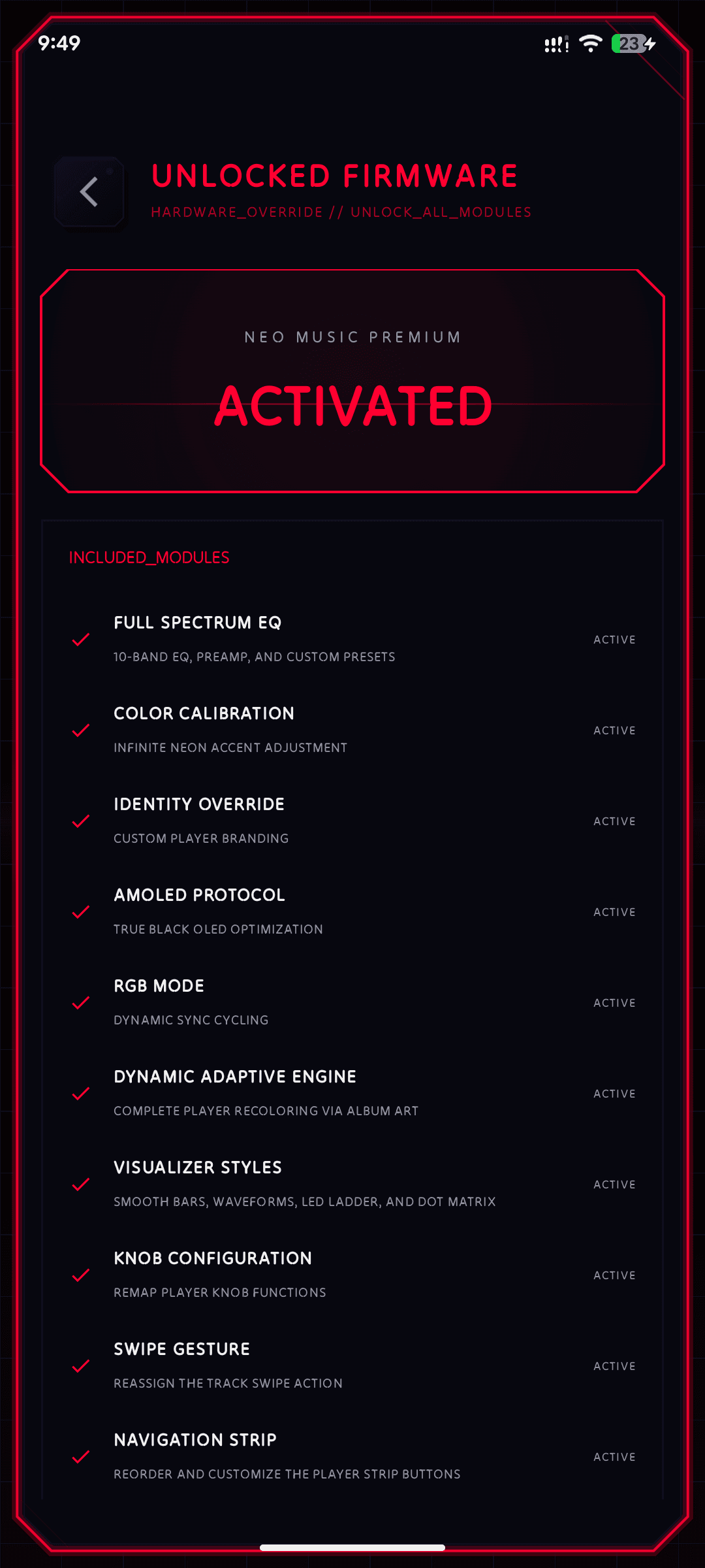 NeoMusic Premium activated screen with unlocked modules