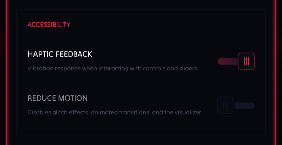 Accessibility settings in NeoMusic
