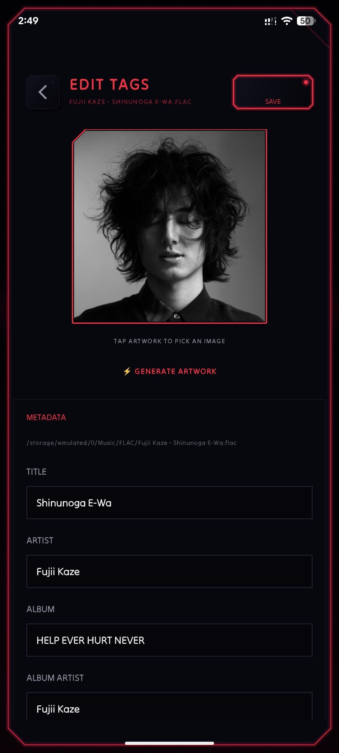 Tag editor showing embedded artwork in NeoMusic