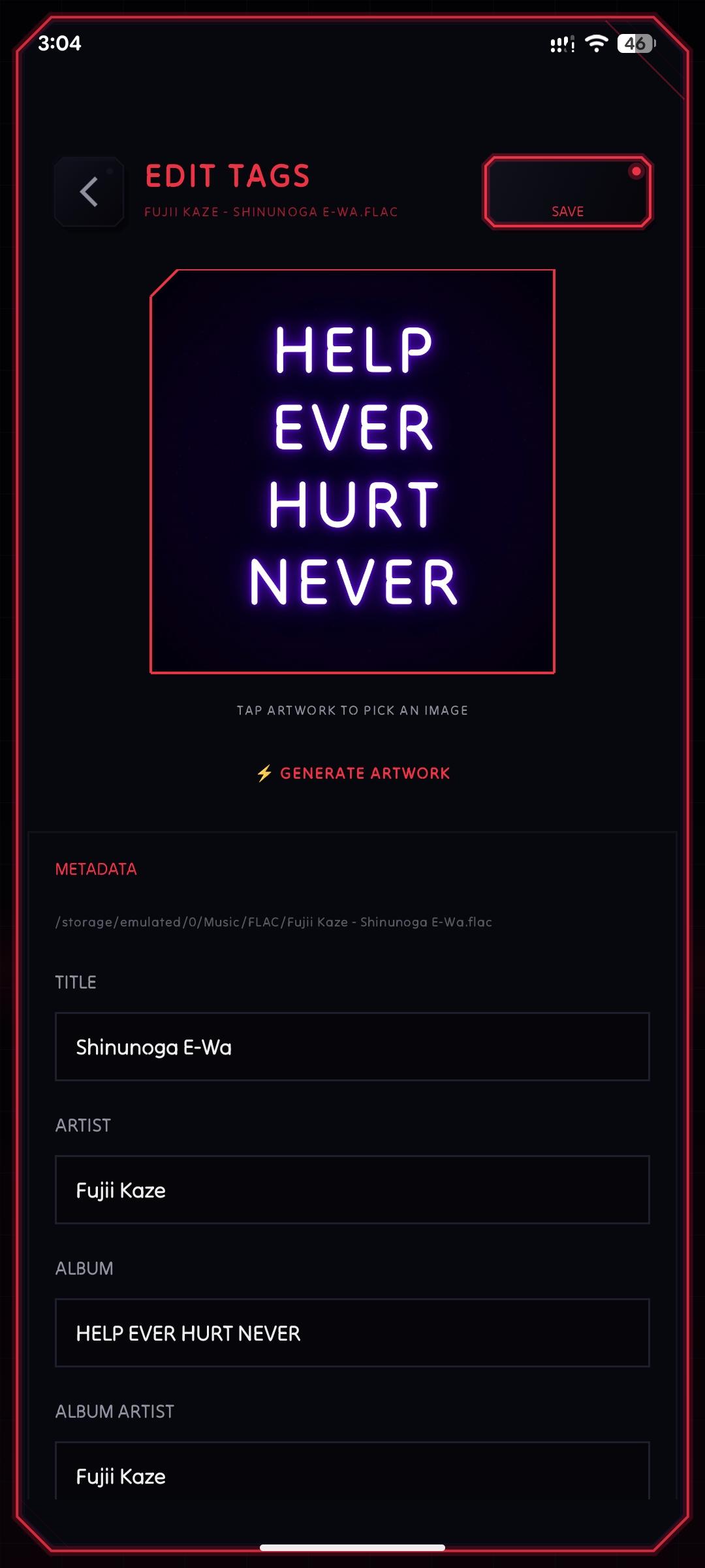 Tag editor showing generated artwork in NeoMusic