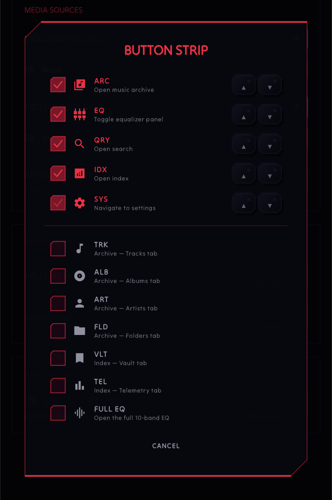 Navigation strip customization dialog in NeoMusic